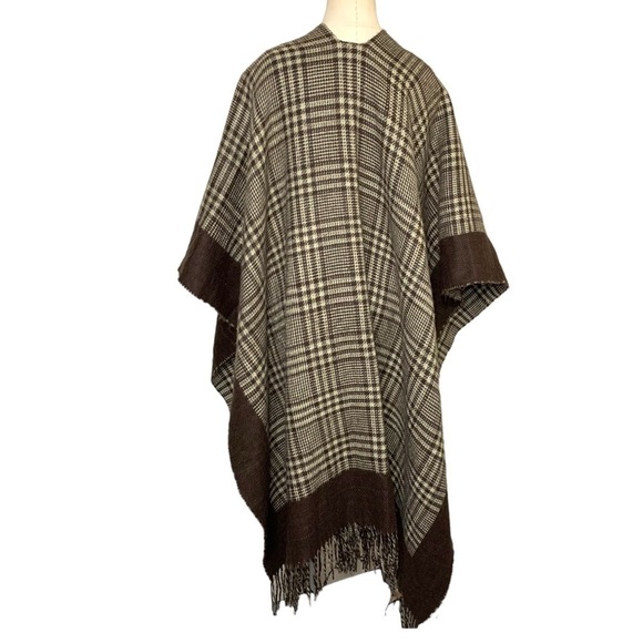 Shawl Wrap Fuzzy Twill Brown Cream Houndstooth Large Fringed Hem Poncho Neutral - Picture 4 of 10
